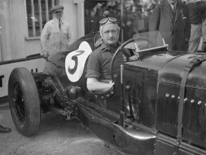 Captain Sir Henry Birkin in his car at Brooklands track, Easter Monday meeting