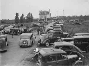 Funnels Prints: Cars parked near the Long Reach Tavern in Dartford, Kent. People have come here