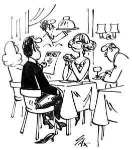 Illustration Prints: Cartoon by Sax couple in restaurant Usually paying little or no attention to political correctness