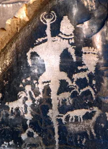 CAVE ART. Pictograph of a lizard-man carved by shamans or indian artists, on
