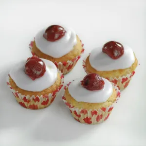 Cooking Prints: Cherry topped mini muffins on white background credit: Marie-Louise Avery / thePictureKitchen