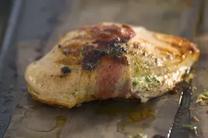 Cooking Prints: Chicken breast fillet wrapped with bacon and stuffed with spinach and ricotta cheese