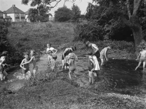 Children enjoying the paddling pool in St Mary Cray, Kent. 1936