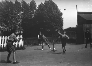 Children playing a game of stoolball in Hartley, Kent. 1937
