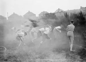 Framed Print : Children putting out fire, Dartford Heath. 1937 Framed Print : Children putting out fire, Dartford Heath. 1937