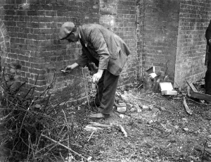 Chimney felling by gelignite at Bedfont Powder Mills, Hounslow. Putting in a gelignite