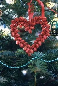 Decorative Prints: Christmas tee decoration of heart made of pistachio nuts painted red, hanging in