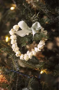 Blue Prints: Christmas tree decoration of popped corn threaded in heart shape credit: Marie-Louise