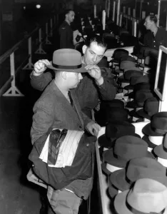 Back to civvy street : discharged British airmen select their civilian clothes Back to civvy street : discharged British airmen select their civilian clothes