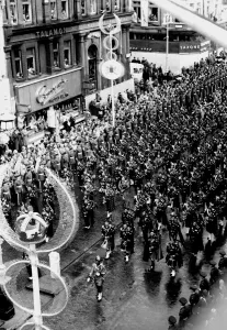 Coronation Day - The massed pipe bands seen as the Royal procession approached Oxford