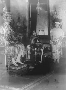 Coronation of the King of Siam at Bangkok. The King Prajadhipok receiving the Queen