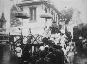 Cremation of late King of Siam. The golden urn with the kings body about to