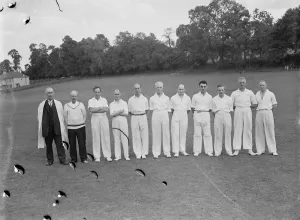 Players Prints: Cricket scenes in Wilmington, Kent. Veteran cricketers stand in a line