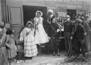 Crinoline fashions at Montmartre bicycle race. Crinoline fashions worn by sightseers