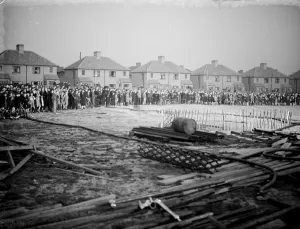 Crowds turn out to watch the timber fire at Welling in Kent. 1938