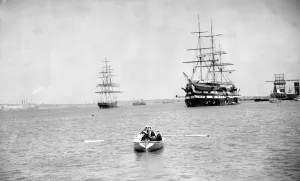 Culty Sarks arrival as it moors alongside HMS Worcester on the River Thames off Greenhithe
