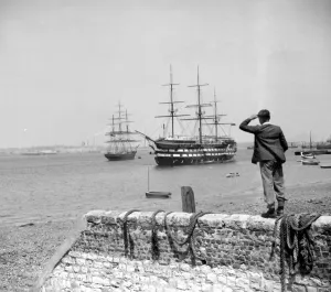 Ship Prints: Culty Sarks arrival as it moors alongside HMS Worcester on the River Thames off Greenhithe