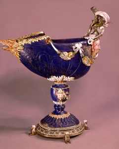 Blue Prints: Cup in lapis lazuli surmounted by Neptune in silver garlands of ceramic and enamelled flowers