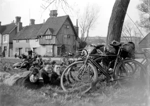 Cyclists resting in Eynsford, Kent. 1933