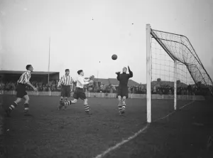 Dartford versus Leyton in the FA Cup. One of the goal keepers takes an aerial