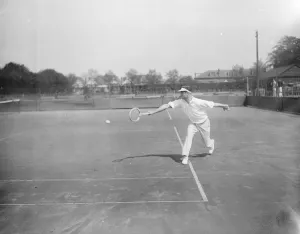 Romania Prints: Davis Cup tie between Denmark and Rumania opens at Roehampton. M Mishu ( Rumania ) in play