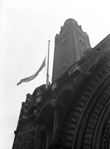 Roman Catholic Prints: Death of the Pope. A flag flying half mast a Westminster Cathedral, London. 10