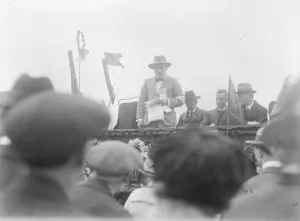 Demonstration in Hyde Park against war. Mr Skene MacKay, the Marshal of the meeting, speaking