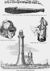 Nineteenth Century Prints: (Bottom diagram) Model of the Bell Rock Lighthouse - the worlds oldest surviving