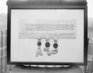 Dick Whittingtons deed given to Guildhall library by Sir Charles Wakefield. Whittington