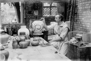 Distinguished artist potter who has his studio and kiln in London garden. Beautiful