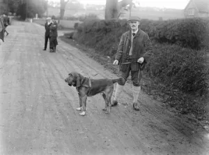 Dog detectives. Man hunting trials at Savernake. Mr Theo Crowder and his famous