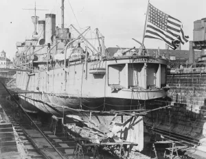 Doors in the Stern. The US Navy Supply ship Shawmut in drydock at the Charleston