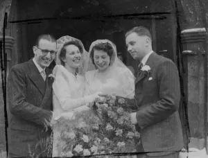Wedding Dress Prints: Double hitch up. Sisters Joan and Hope Connor had a double wedding at Holy Trinity Church