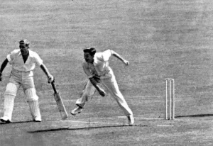 Sport Prints: Douglas V P Wright bowling for England against New Zealand at the Oval in 1949. B