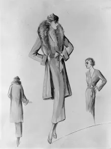 Fur Collar Prints: Drawing of Princess Marinas trousseau, 3 / 4 length coat. 26 November 1934