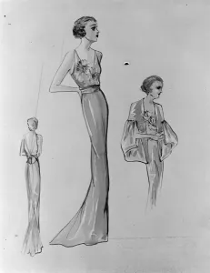 Drawing of Princess Marinas trousseau by Molyneux - evening gown. 26 November 1934