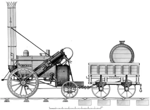 19th Century Prints: Drawing of The Rocket - this locomotive was built by George Stevenson at Newcastle-on-Tyne