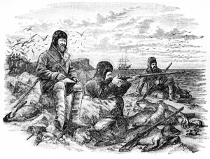 Shooting Prints: Drawing taken from the photo of Mr Wild seated on rock at Kerguelen making a drawing