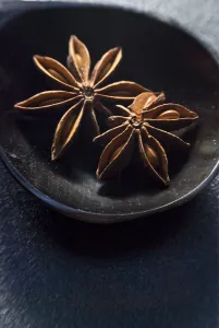 Dried Star anise fruits in small bowl. Also known as star aniseed, badiane or Chinese