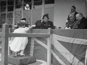 The Duchess of Kent receiving purses from children. 1938