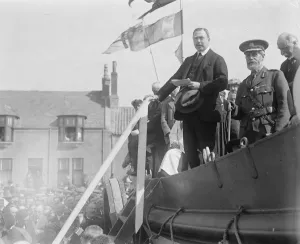 Aristocrats Prints: Duke of Atholl at lifeboat ceremony at Peterhead. The Duke of Atholl, speaking