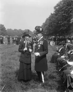 Duke of York inspects St Johns ambulance brigade in Hyde Park. Lady Perrott talking