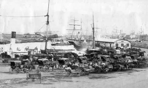 Steamer Prints: A very early photograph of Queens Wharf, showing typical craft and vehicles of