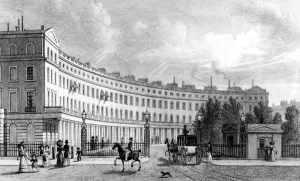Railings Prints: East side of Park Crescent by John Nash, engraved by J. Redway after Thomas H. Shepherd