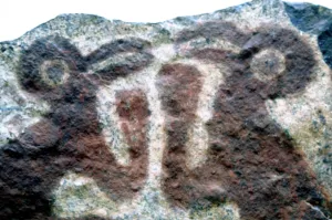 Man, Myth And Magic Prints: Easter Island Bird Cult Heads of two bird headed deities fresco fragment in