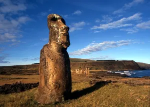 EASTER ISLAND - One of the upright giant statues near the ancient volcanic quarry