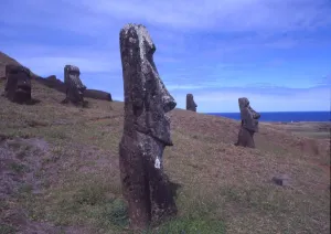 Easter Island A few of the upright giant statues near the ancient volcanic quarry