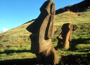 EASTER ISLAND - One of the upright giant statues near the ancient volcanic quarry