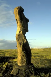 EASTER ISLAND - One of the upright giant statues near the ancient volcanic quarry