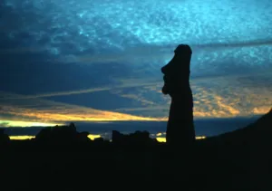 EASTER ISLAND - One of the upright giant statues near the ancient volcanic quarry